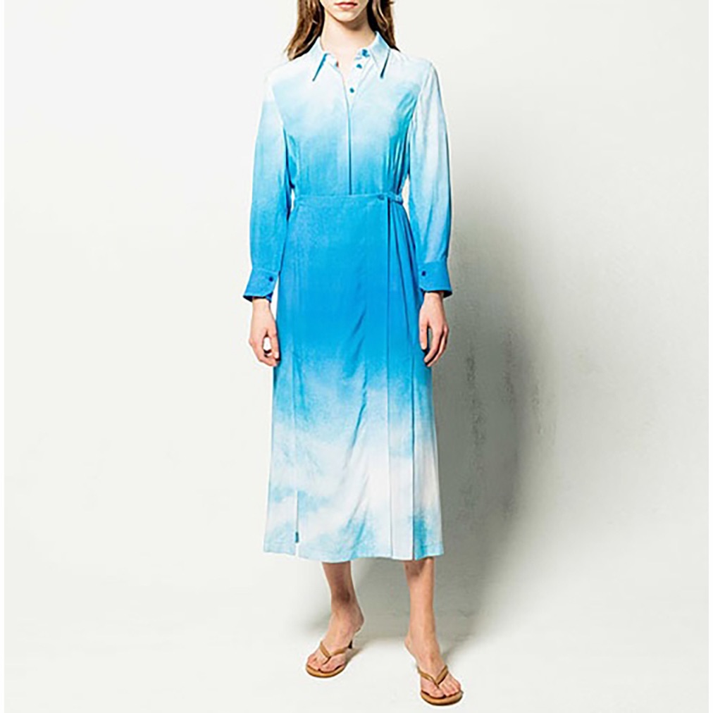 Akris St Gallen Sky Print Midi Shirt Dress Blue White Clouds Colorblock Wrap 4